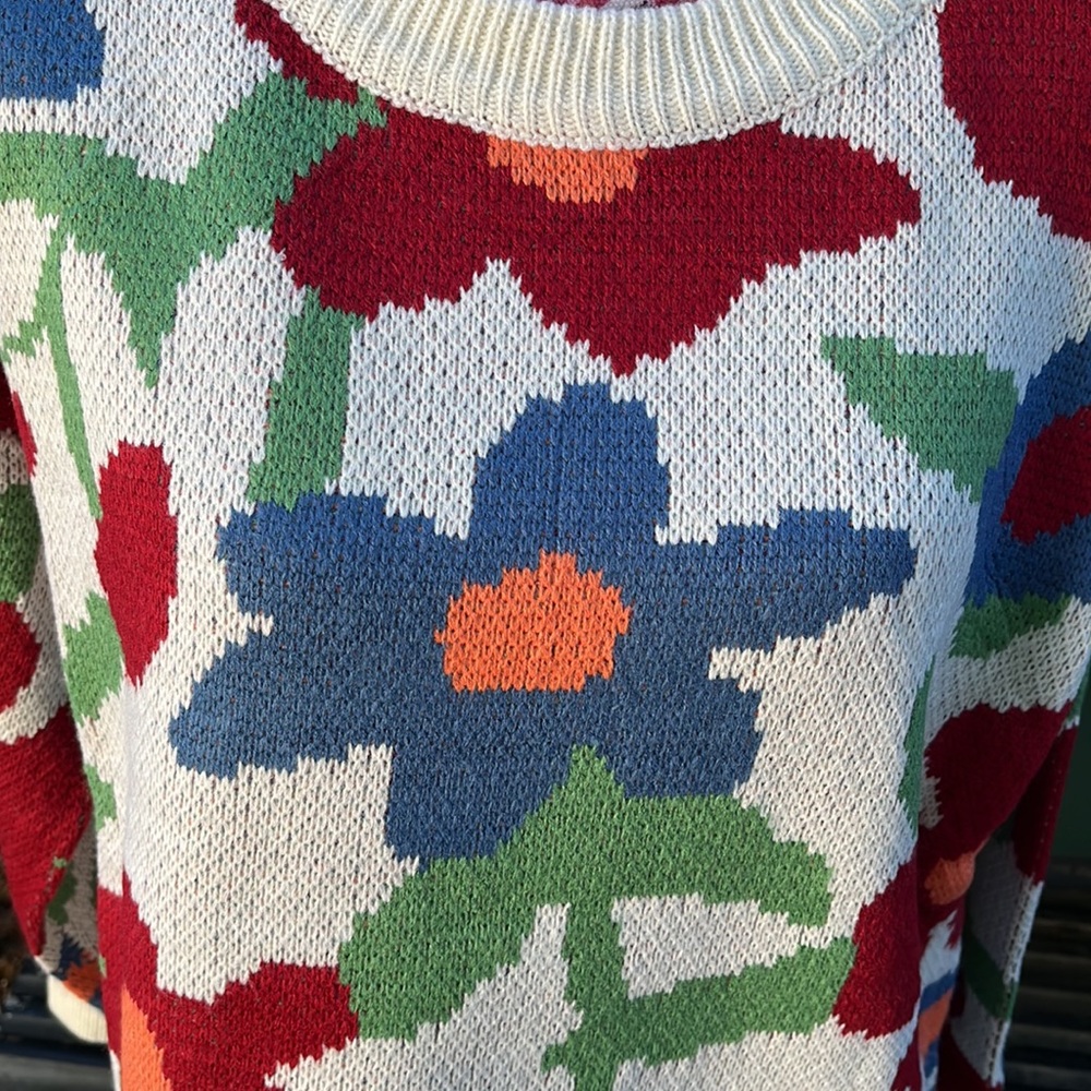 New Crew Neck Ivory Floral Knit Sweater with Red, Blue, Green, Orange Flowers - Picture 13 of 17